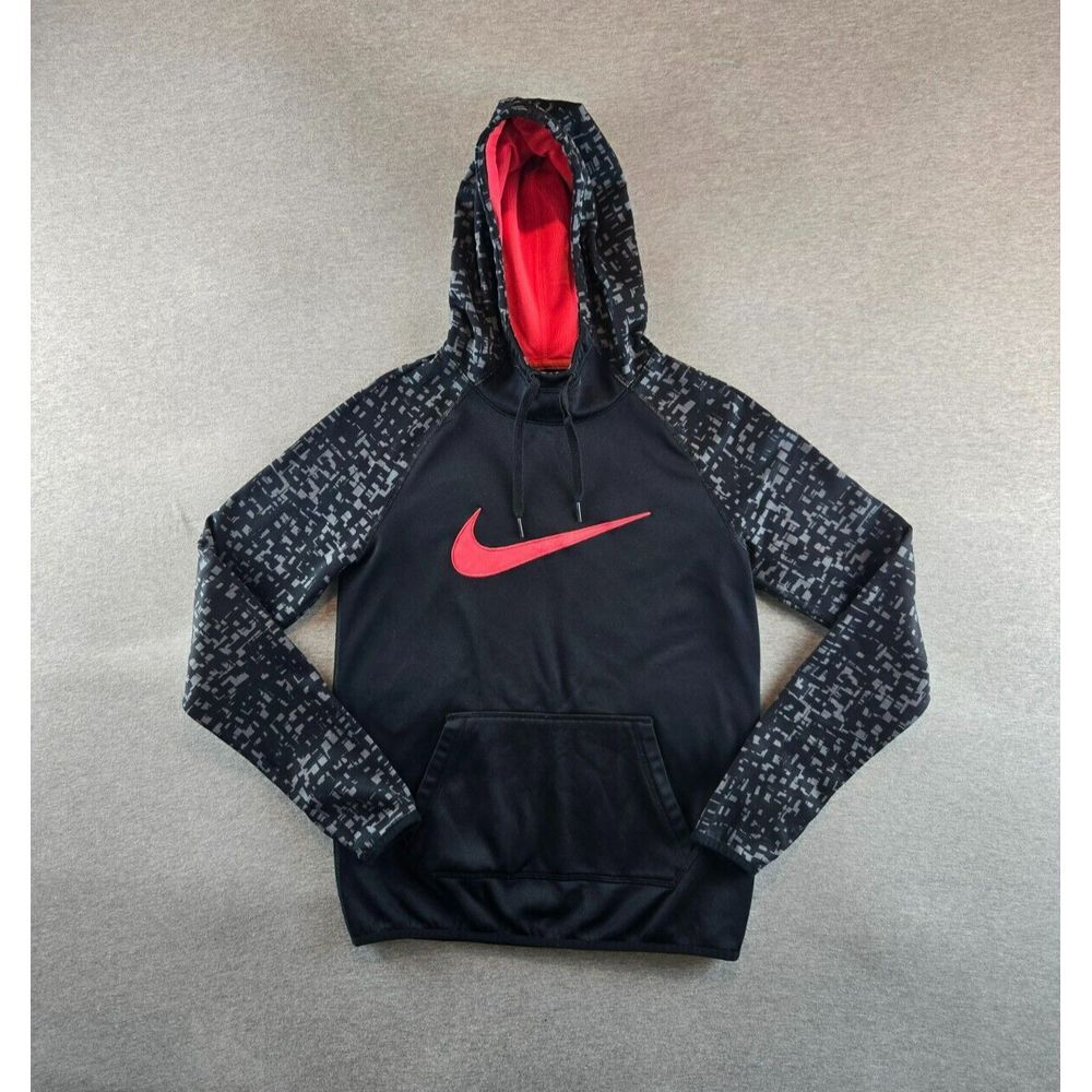 NIKE WOMENS XS THERMAFIT BLACK LAVA GREY HOODIE 803446-011‎ Big Swoosh Mesh Hood